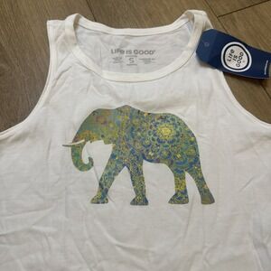 Life Is Good Crusher Women's Tank Top Regal Elephant White Gold‎ Size Small